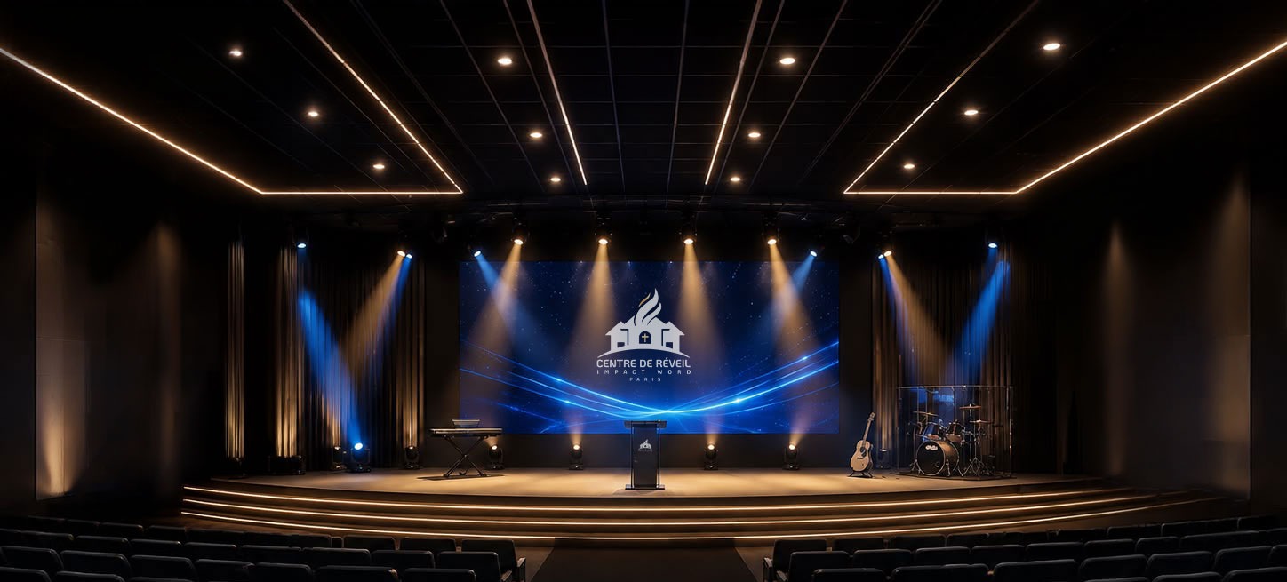 Auditorium du futur Centre de Réveil — scène, plan lumière et écran LED